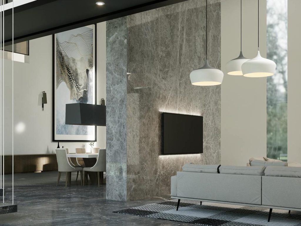 modern minimalist living room with marble accents